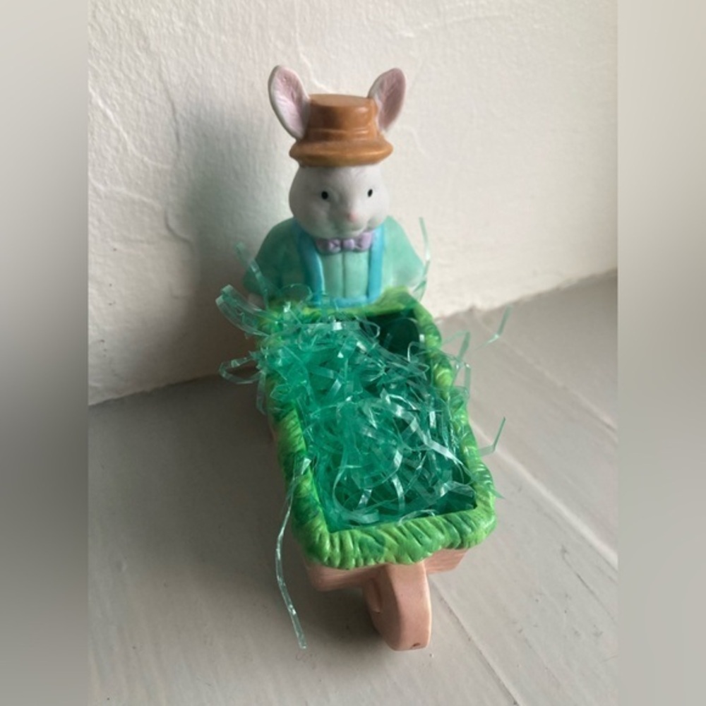 Ceramic Easter Bunny Rabbit Pushing Wheelbarrow